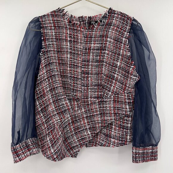 ZARA Tweed Plaid Top with Navy Sheer Chiffon Sleeves Size L - Picture 1 of 10